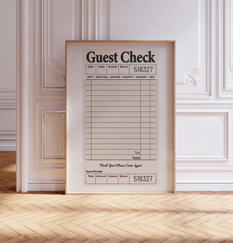 May include: A black and white printable guest check template with the text "Guest Check" at the top. The template includes sections for date, table number, guests, server, and a list of items with their prices. The bottom of the template includes a section for tax, total, and a "Thank You! Please Come Again" message.