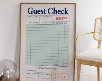 May include: A framed print of a vintage-style "Guest Check" receipt. The text is in navy blue and red, with a light blue grid for itemizing orders. The receipt includes the text "Thank You! Please Come Again."