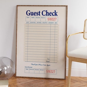 Cartaz para impressão de cheque de hóspede em branco com opções de cores, escolha impressão de cheque de hóspede gigante em branco, cartaz de recibo retrô preppy, decoração de arte de apartamento