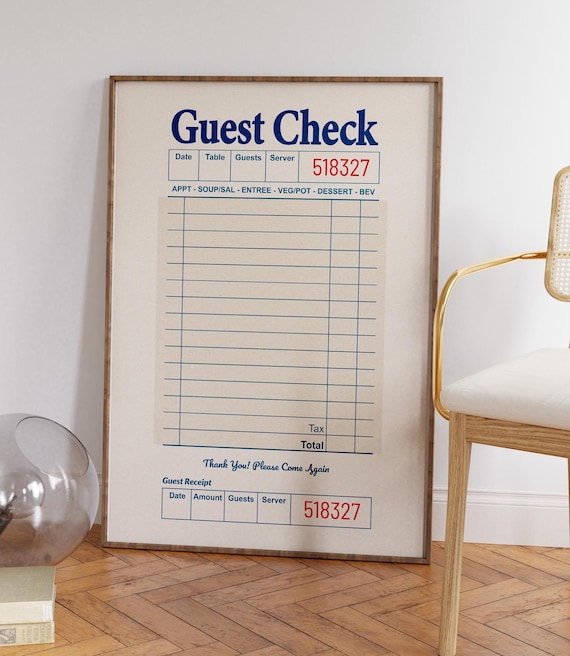 Blank Guest Check Printable Poster With Color Options, Choose Giant Empty Guest Check Print, Retro Preppy Receipt Poster Apartment Art Decor