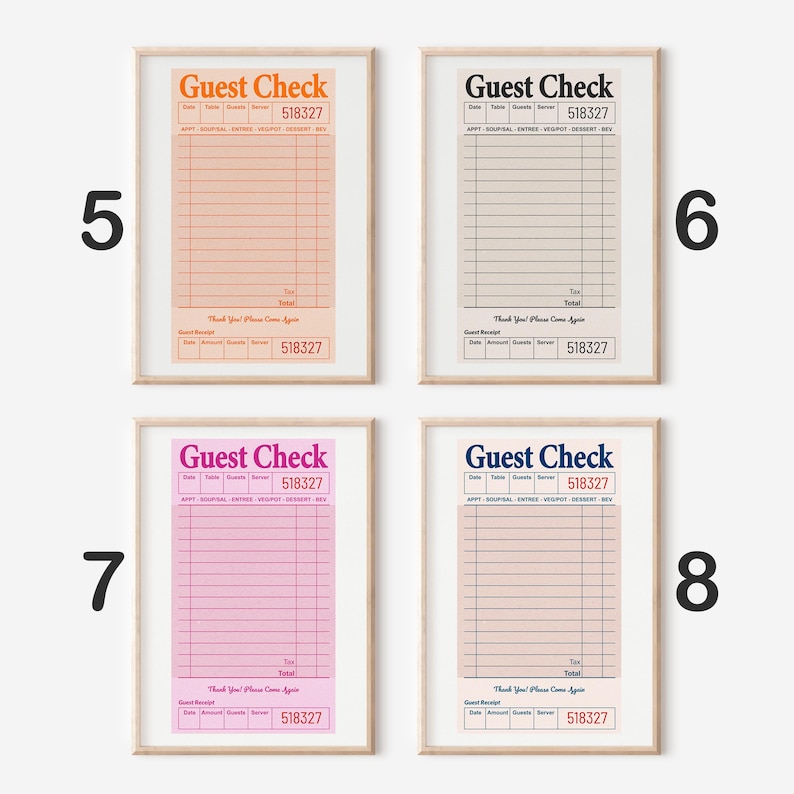 May include: Four printable guest check templates in different color schemes. Each template features a vintage-style design with a "Guest Check" heading, lines for itemized orders, and a space for the total amount. The templates are framed in a light wood frame.