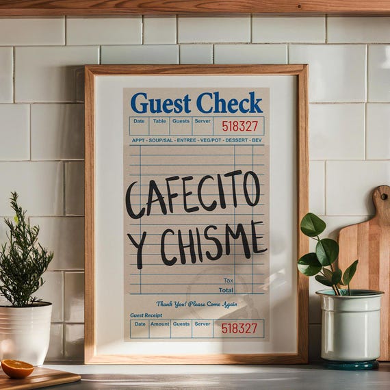Cafecito Y Chisme Guest Check Poster, Trendy Coffee Shop Poster, Preppy Spanish Quote Apartment Kitchen Decor, Cafe Bar Cart Retro Wall Art