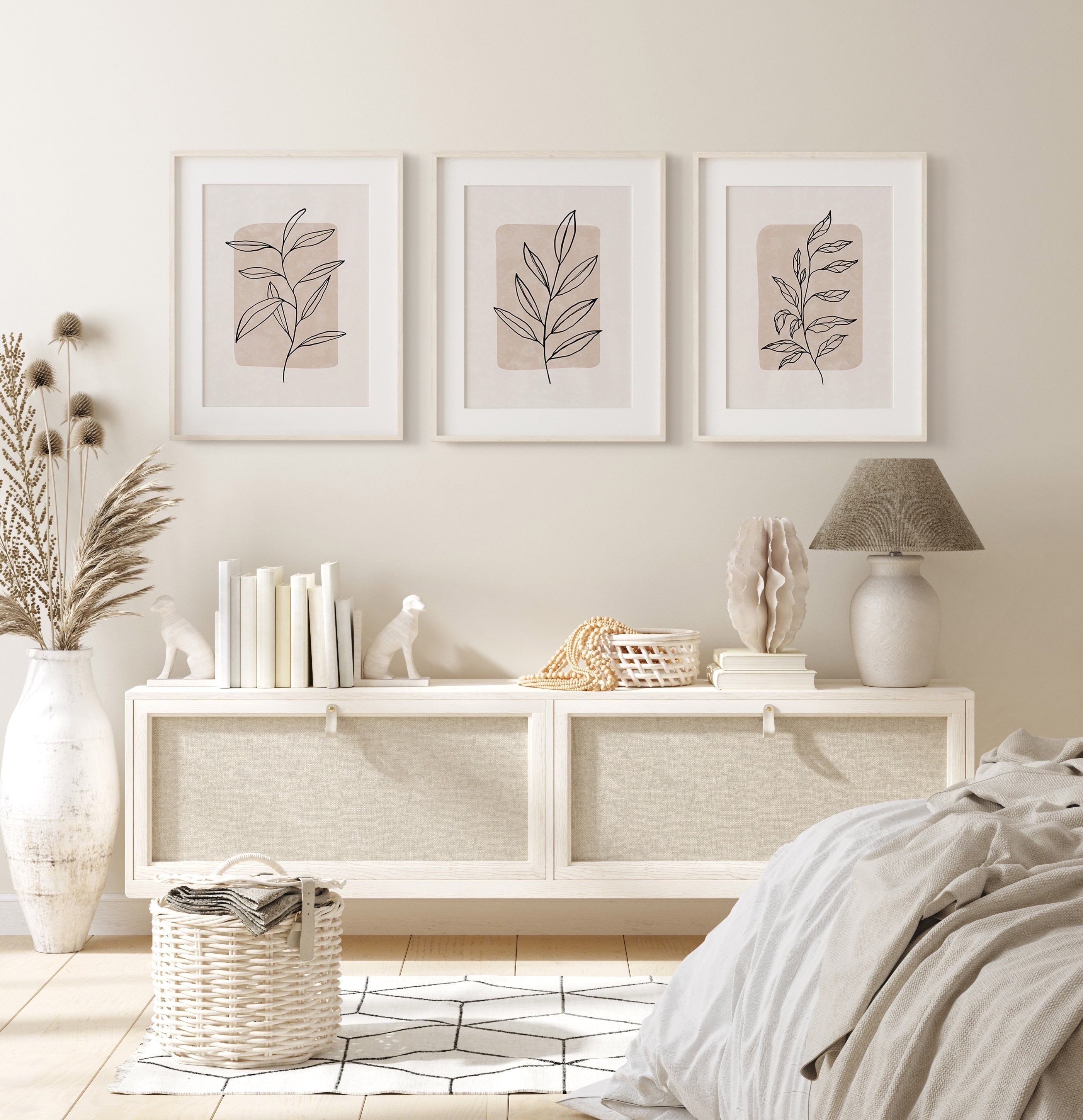 Set of 3 Beige & Black Botanical Wall Art Prints, Minimalist Neutral ...