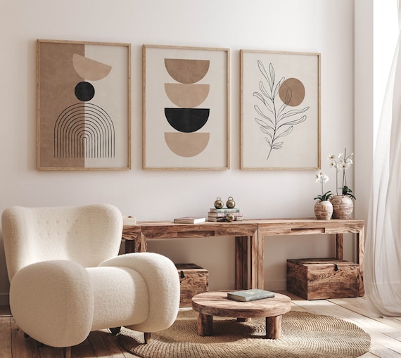 Mid Century Modern Boho Prints Set of 3, Neutral Beige Geometric Wall Art Decor, Black Line Art Arch Prints, Printable Digital Abstract Art