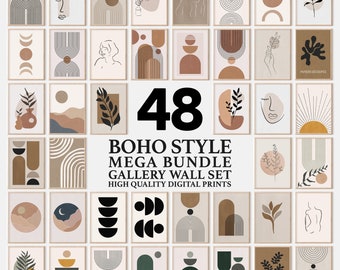 Bohemian Gallery Mega Bundle Art Print Set | 48 PCS Boho Style Poster | Minimalist & Mid Century Modern Print | Printable Neutral Home Decor
