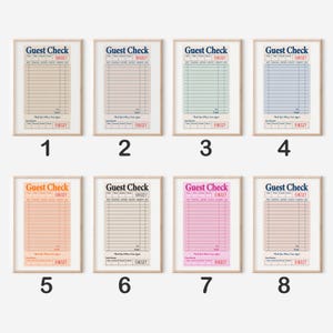 May include: Eight printable guest check templates in different colors. The templates are designed to look like vintage diner checks. Each template has the text "Guest Check" and the number "518327" printed on it.