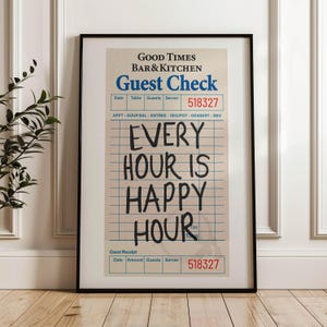 Plakat z czekiem gościa, wystrój apartamentu Preppy, wydruki na wózek barowy Funky, wydruk artystyczny Y2K, motywujący wystrój kawiarni, plakat Every Hour Is Happy Hour