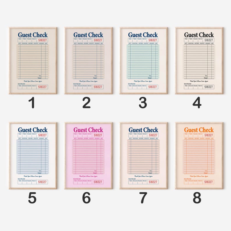 May include: Eight printable guest check templates in different colors, including beige, blue, green, pink, and orange. Each template has the text "Guest Check" and the number "518327" printed on it.
