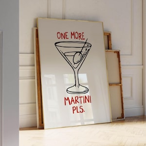 Póster imprimible de bebida preppy, impresiones de cócteles para decoración de carrito de bar Y2K, decoración de pared retro y divertida para apartamentos, póster rojo y negro "One More Martini"