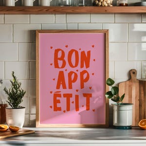 Pink and Red Bon Appetit Poster, Maximalist Trendy Typography Poster, French Quote Bold Hand Drawn Poster, Dopamine Funky Kitchen Wall Art