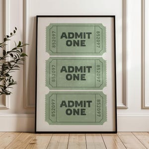 Retro Admit One Green Ticket Wall Art, Preppy Apartment Wall Decor, Ticket Art Print, Trendy Bar Cart Poster