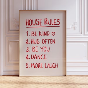 House Rules Poster | Red Retro Quote Print | Modern Eclectic Wall Art | House Rules Apartment Decor | Preppy Art Poster | Trendy Quote Print