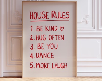 House Rules Poster | Red Retro Quote Print | Modern Eclectic Wall Art | House Rules Apartment Decor | Preppy Art Poster | Trendy Quote Print