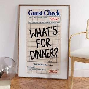 Gast Check Poster Druck | was ist fürs Abendessen Poster | Ästhetische Küche Wandkunst | Trendy Preppy Wohnung Dekor | Funky Barwagen Wanddruck