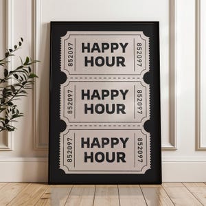 Beige & Black Ticket Retro Poster, Aesthetic Preppy Bar Cart Decor, Funky Apartment Trendy Wall Print, Happy Hour Ticket Printable Wall Art