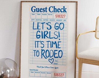 Rodeo Time Guest Check Poster | Trendy Rodeo Wall Art | Cowgirl art Print | Blue Western Wall Decor | Southwest Retro Preppy Bar Cart Decor