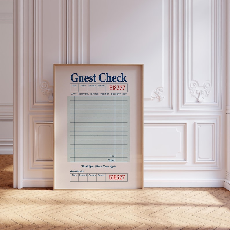 May include: A printable guest check template with a blue and white design. The template includes sections for date, table number, guests, server, and a list of items with prices. The bottom of the template includes a section for tax, total, and a guest receipt with sections for date, amount, guests, and server. The template has the number 518327 printed in red.