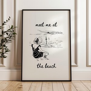 Spotkajmy się na plaży, modny nadmorski styl, plakat z typografią retro dziewczęcą, wystrój domu na plaży, estetyczne wydruki oceaniczne, odjechana sztuka wózka barowego