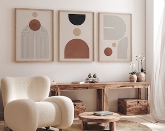 Neutral Abstract Gallery Wall Set of 3,  Modern Boho Geometric  Terracotta Prints (Digital Download)
