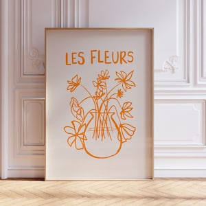 Estampado de flores botánicas bohemias, jarrón naranja abstracto, decoración de pared, impresiones dibujadas a mano, póster floral retro imprimible de Les Fleurs in Vase.