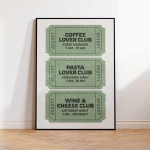 Póster imprimible con boleto verde preppy retro, póster para amantes del café, impresiones de carritos de bar para clubes de vinos, decoración de apartamentos de moda, decoración de pared para amantes de la pasta