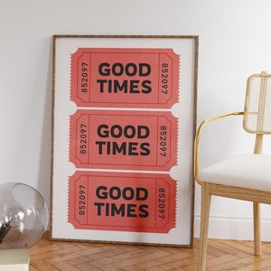 Plakat Retro Good Times Red Ticket | Modny wystrój pokoju w mieszkaniu | Wydruki Funky Bar Cart | Cyfrowy plakat Preppy | Nowoczesny wystrój ściany domu