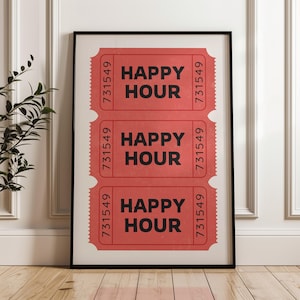 Happy Hour Red Ticket Printable Poster, Trendy Preppy Apartment Wall Decor, Aesthetic Retro Cafe Bar Cart Print