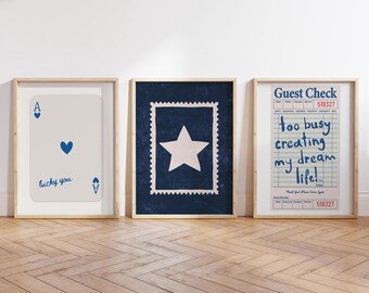 Retro Preppy Wall Art Set of 3, Navy Blue Printable Posters (Digital Download)