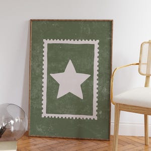 Handgetekende retro poster ster, funky kamerdecor, afdrukbare poster saliegroen, coole barwagen Art Print, preppy westelijke muurprints