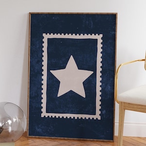 Retro handgetekende sterkunst aan de muur, trendy esthetisch decor, preppy funky marineblauwe poster, vintage stempel barwagen kunstprint, studentenkamer poster