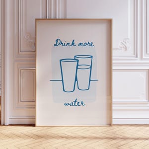 Drink More Water Preppy Poster, Blue Hand Drawn Print, Trendy Kitchen Decor, Self Care Illustration Poster, Retro Blue Glass of Water Print