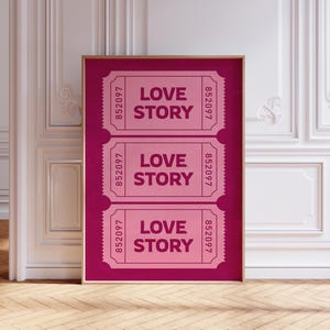 Retro Ticket Love Story Wall Art, Romantic Bar Cart Decor, Maximalist Apartment Decor, Valentines Day Prints, Preppy Cute Love Y2K Poster