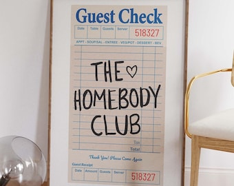 The Homebody Club Print, Retro Diner Guest Check, Y2K Typography (Digital Download)