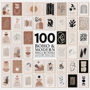 May include: A set of 100 Boho and Modern gallery wall art prints. The prints showcase abstract designs, botanical illustrations, and minimalist line art in neutral tones of beige, brown, and black. The text "100 Boho & Modern Mega Bundle Gallery Wall Set" is displayed.