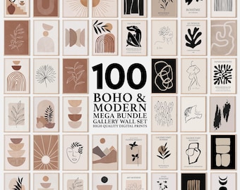 May include: A collection of 100 Boho and Modern gallery wall art prints. The prints feature abstract designs, botanical illustrations, and minimalist line art in neutral tones of beige, brown, and black. The text "100 Boho & Modern Mega Bundle Gallery Wall Set" is displayed.