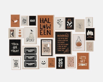 Halloween Gallery Wall Art: Spooky Ghost, Pumpkin, Bat Prints (Digital Download )