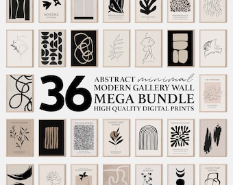 Modern Boho Mega Bundle Gallery Wall Set | 36 PCS Abstract Neutral Exhibition Style Posters | Minimalist Beige, Black, Cream Home Wall Decor