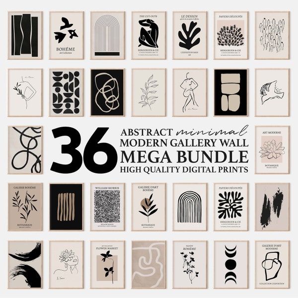 Modern Boho Mega Bundle Gallery Wall Set | 36 PCS Abstract Neutral Exhibition Style Posters | Minimalist Beige, Black, Cream Home Wall Decor