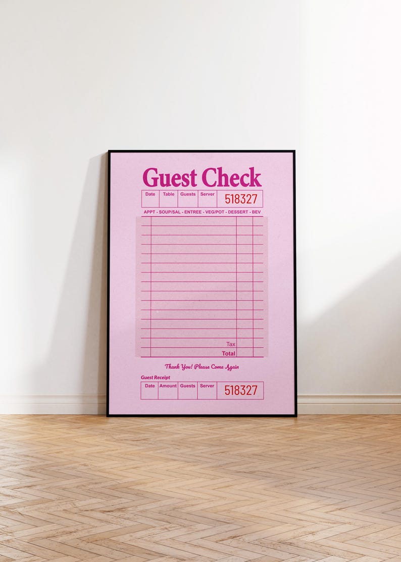May include: A pink and white guest check with the text "Guest Check" at the top. The check has columns for date, table, guests, server, and a section for appetizers, soup/salad, entree, vegetables, dessert, and beverages. The check number is 518327.