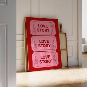 Love Story Retro Ticket Print, Valentines Day Poster, Trendy Red and Pink Wall Art, Printable Preppy Poster, Vivid Color Retro Wall Decor