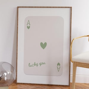 Pôster Ace of Hearts Sage Green Preppy, pôster de carta de baralho Lucky You, decoração de parede retrô para café e bar, arte de parede de apartamento moderno e descolado