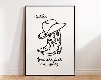 Darlin' Trendy Western Poster | Printable Black Beige Wild West Bar Decor | Cowboy Boots & Hat Wall Art | Preppy Cowgirl Western Wall Decor