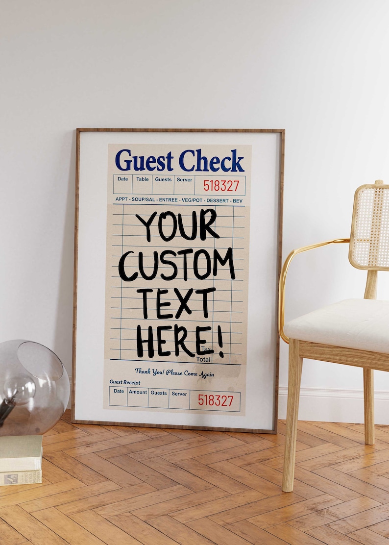 Custom text guest check print framed on floor. Personalized retro diner poster for trendy dorm decor. Beige aesthetic wall art.