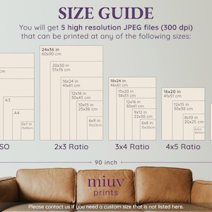 May include: A size guide for printable art prints, showing different sizes in inches and centimeters. The guide includes ISO, 2x3, 3x4, 4x5, and 11x14 ratios. The text "You will get 5 high resolution JPEG files (300 dpi) that can be printed at any of the following sizes" is also included.
