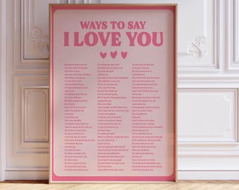 Retro Pink Romantic Typography Art, Ways To Say I Love You Poster (Digital Download)
