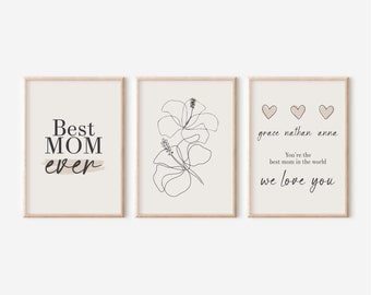 Customize Mother's Day Gift Wall Art Set Of 3 Prints, Flower & Quotes Poster Digital Gift from Kids, Personalized Gift for Mom from Daughter