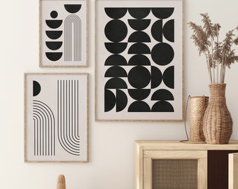 Modern Abstract Geometric Wall Art Set of 3, Black and White Wall Decor