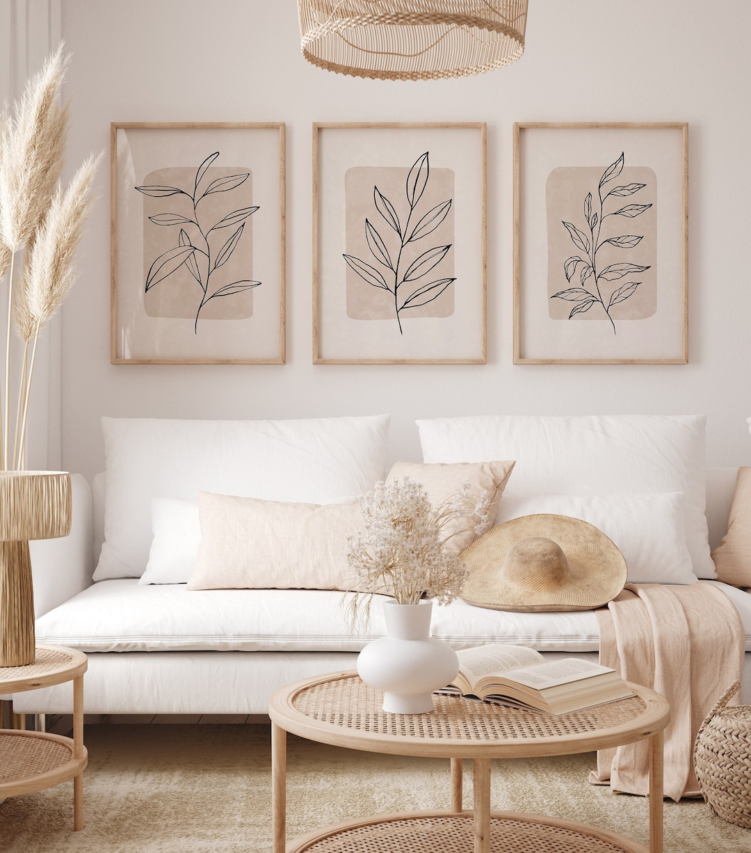 Set of 3 Beige & Black Botanical Wall Art Prints, Minimalist Neutral ...
