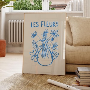 Póster de jarrón de flores azules retro, impresión dibujada a mano con líneas de Les Fleurs, arte de pared con bocetos florales bohemios, decoración de pared de cocina elegante