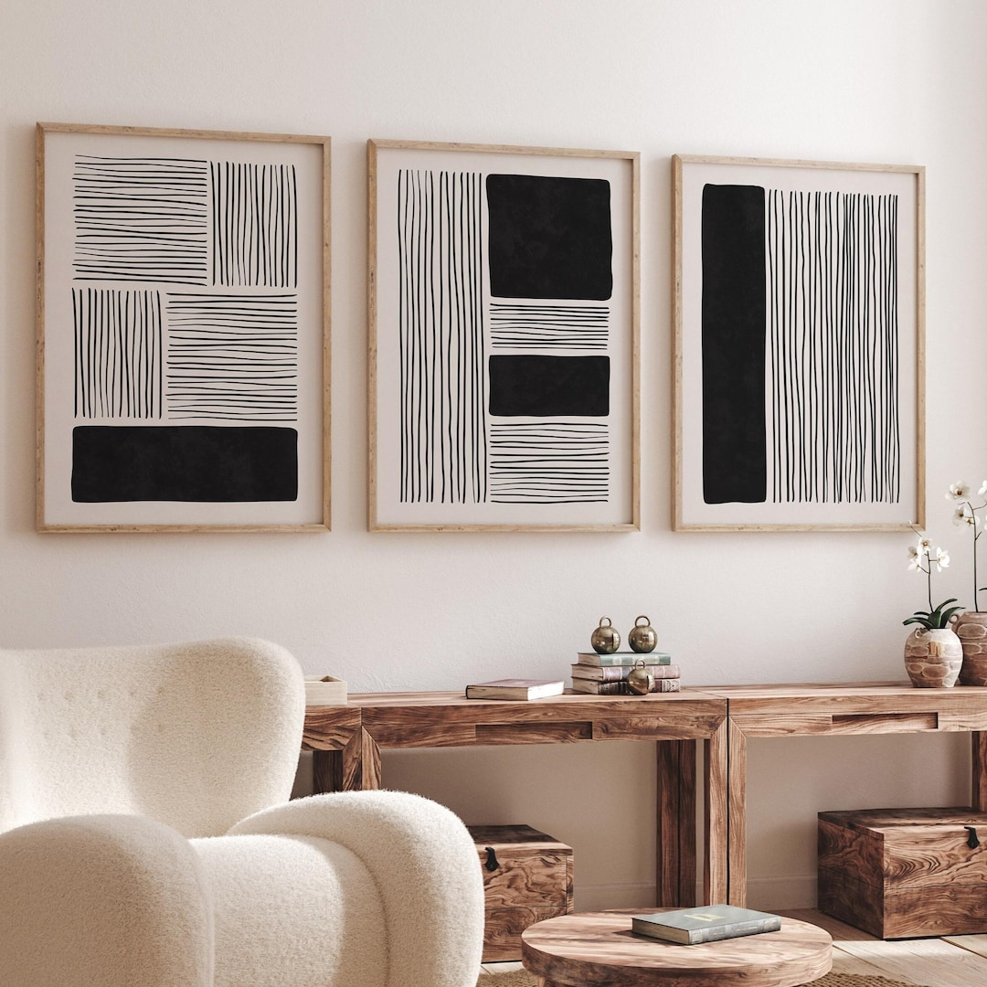 Modern Geometric Wall Art Print Set, 3 Piece Black & White Abstract ...